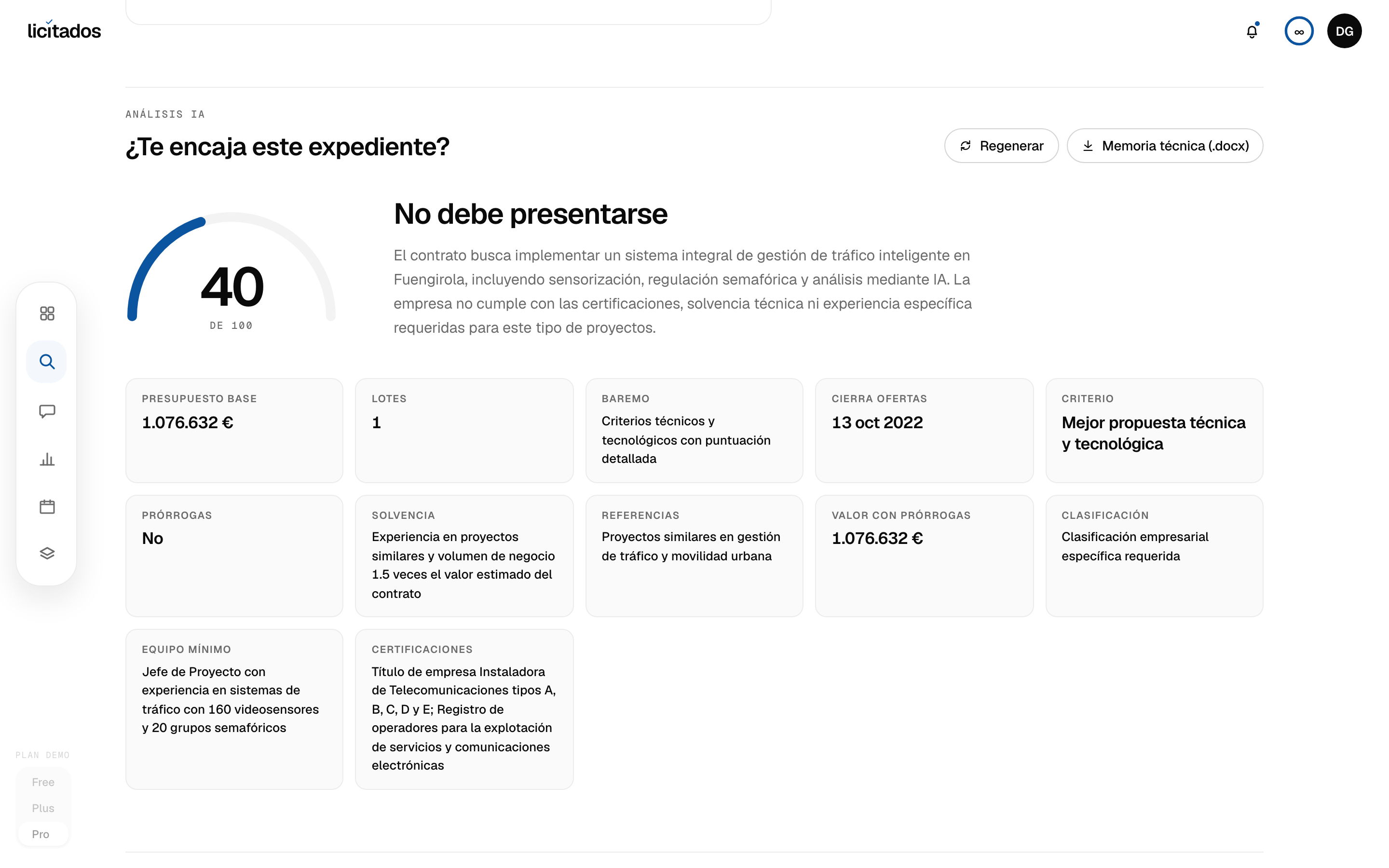 Análisis IA de un expediente con score de encaje y veredicto