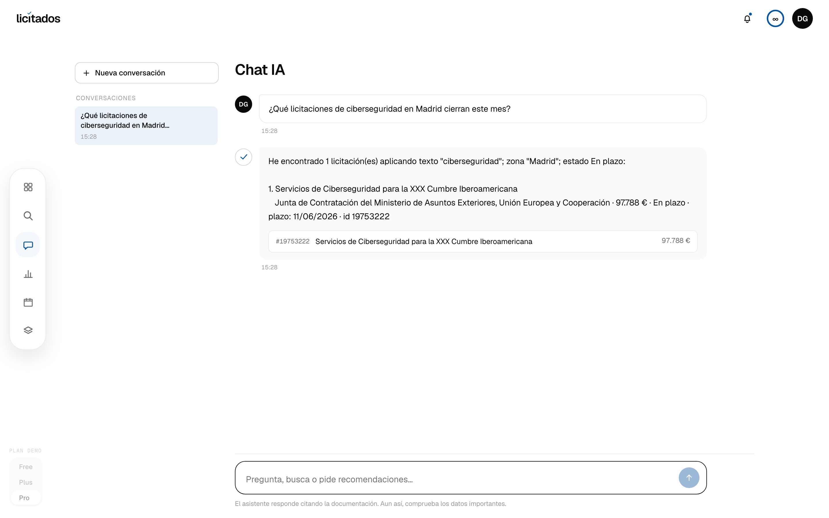 Chat IA de Licitados respondiendo sobre licitaciones y órganos