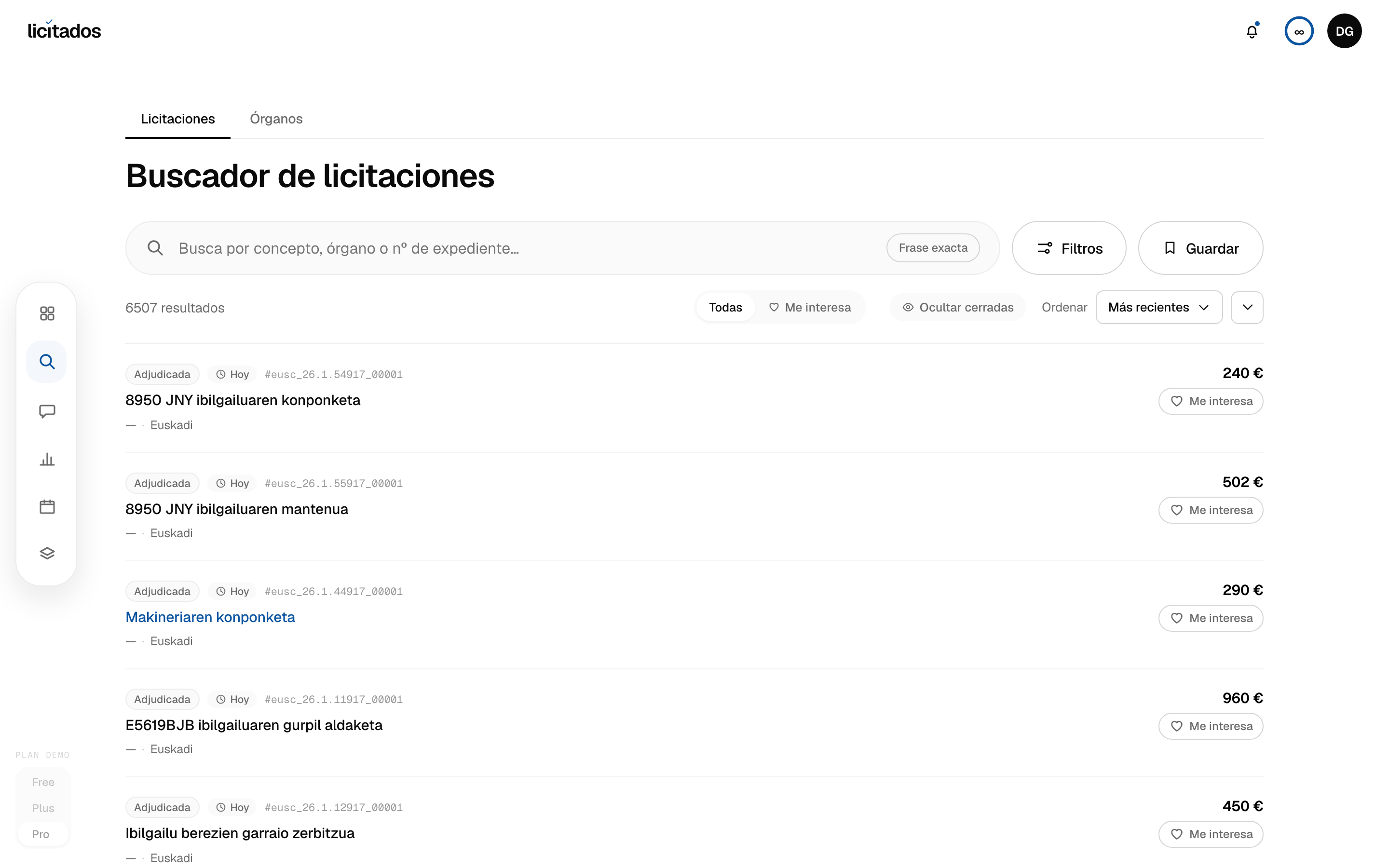 Listado de licitaciones con filtros y score IA