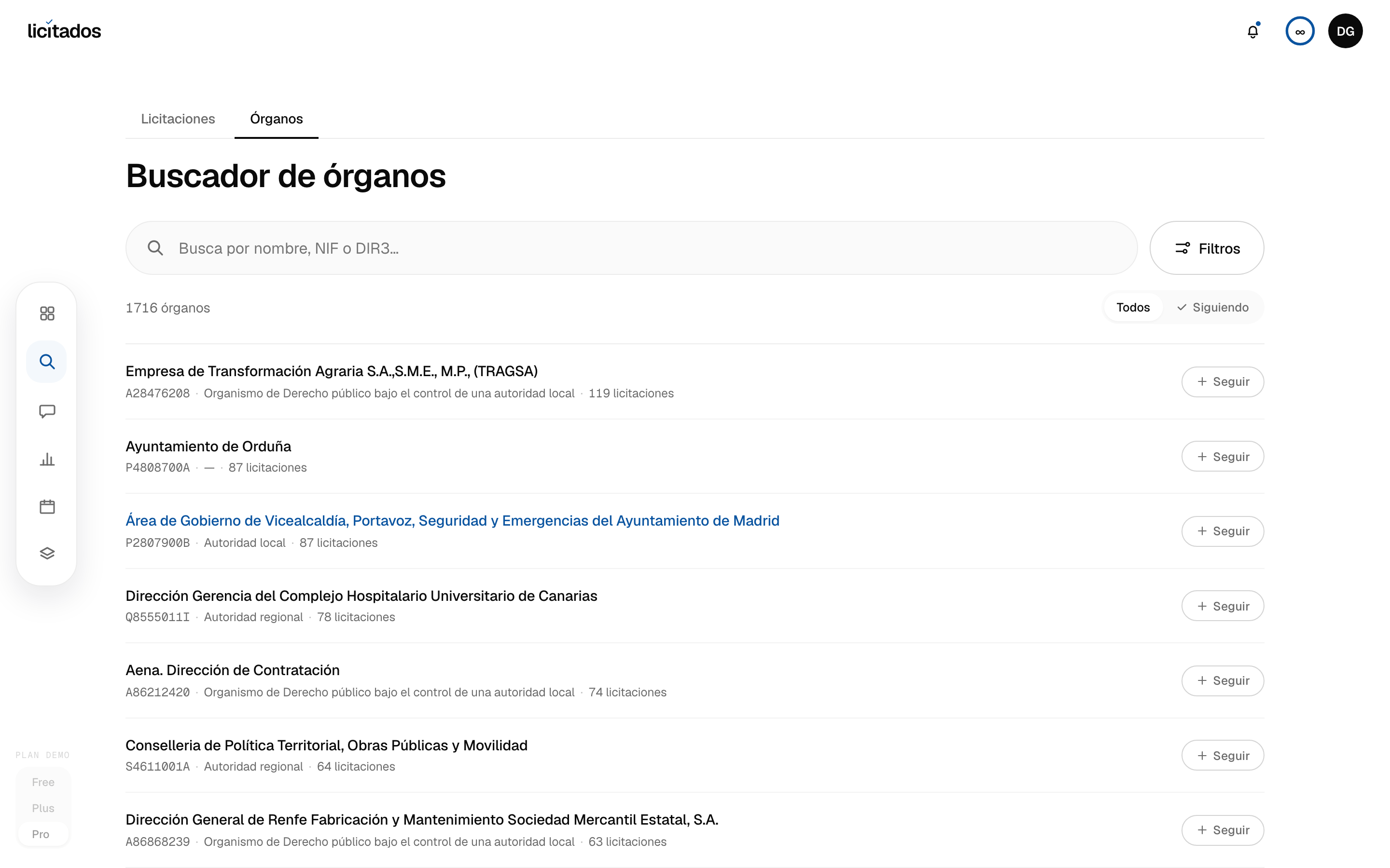 Órganos contratantes con buscador y filtros