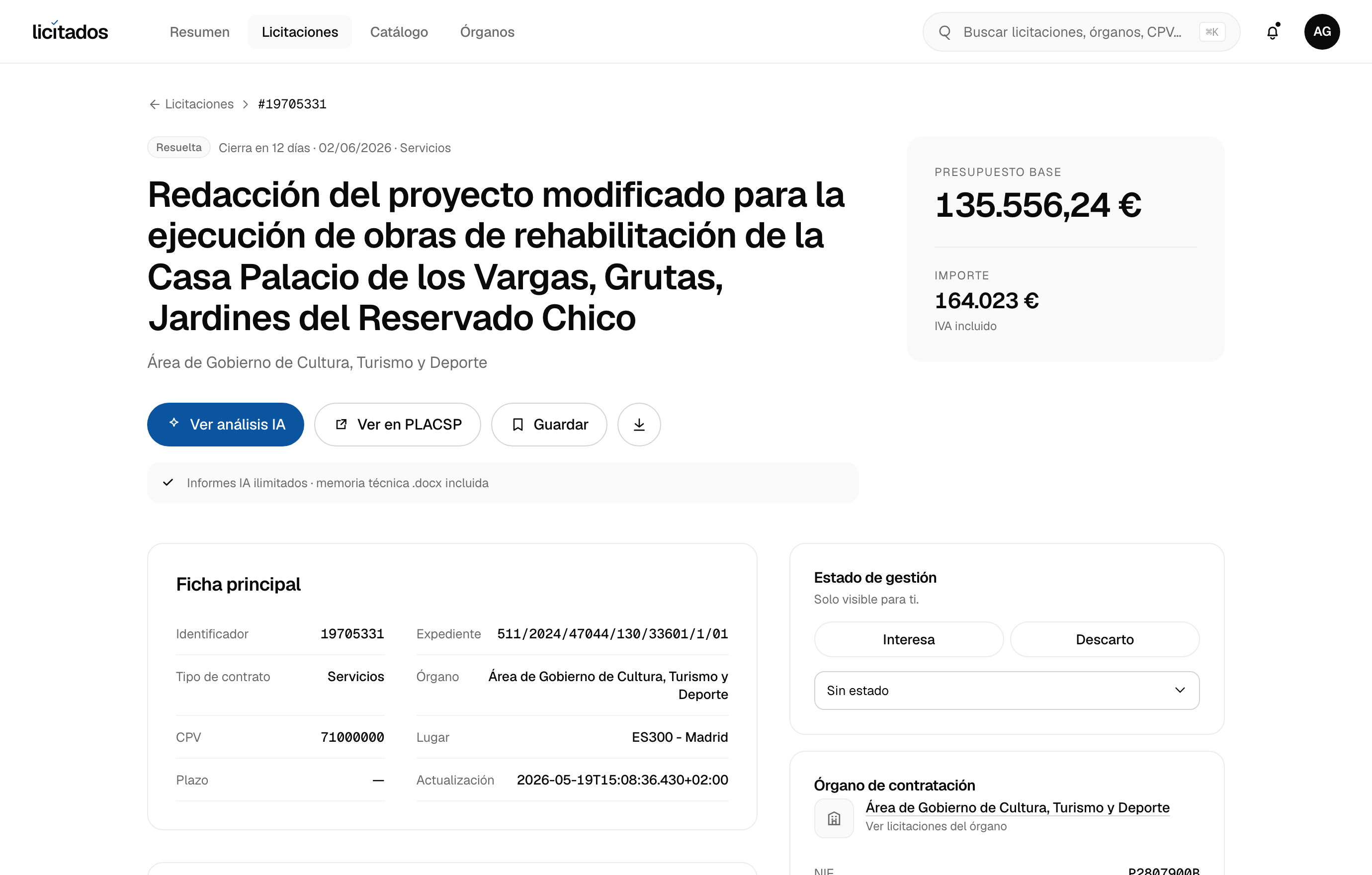 Detalle de una licitación de Construcción y obra civil
