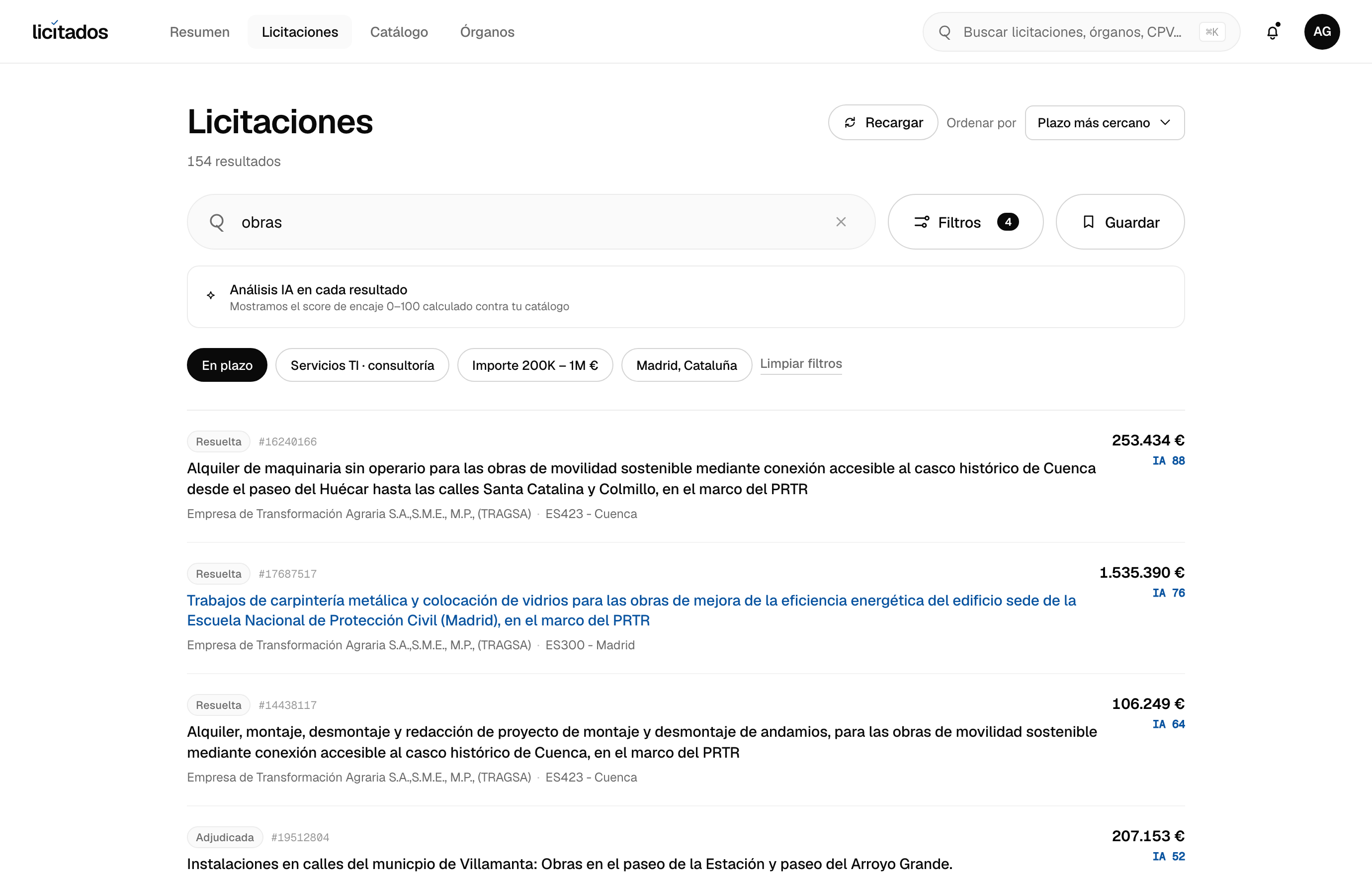 Listado de licitaciones de Construcción y obra civil con score IA