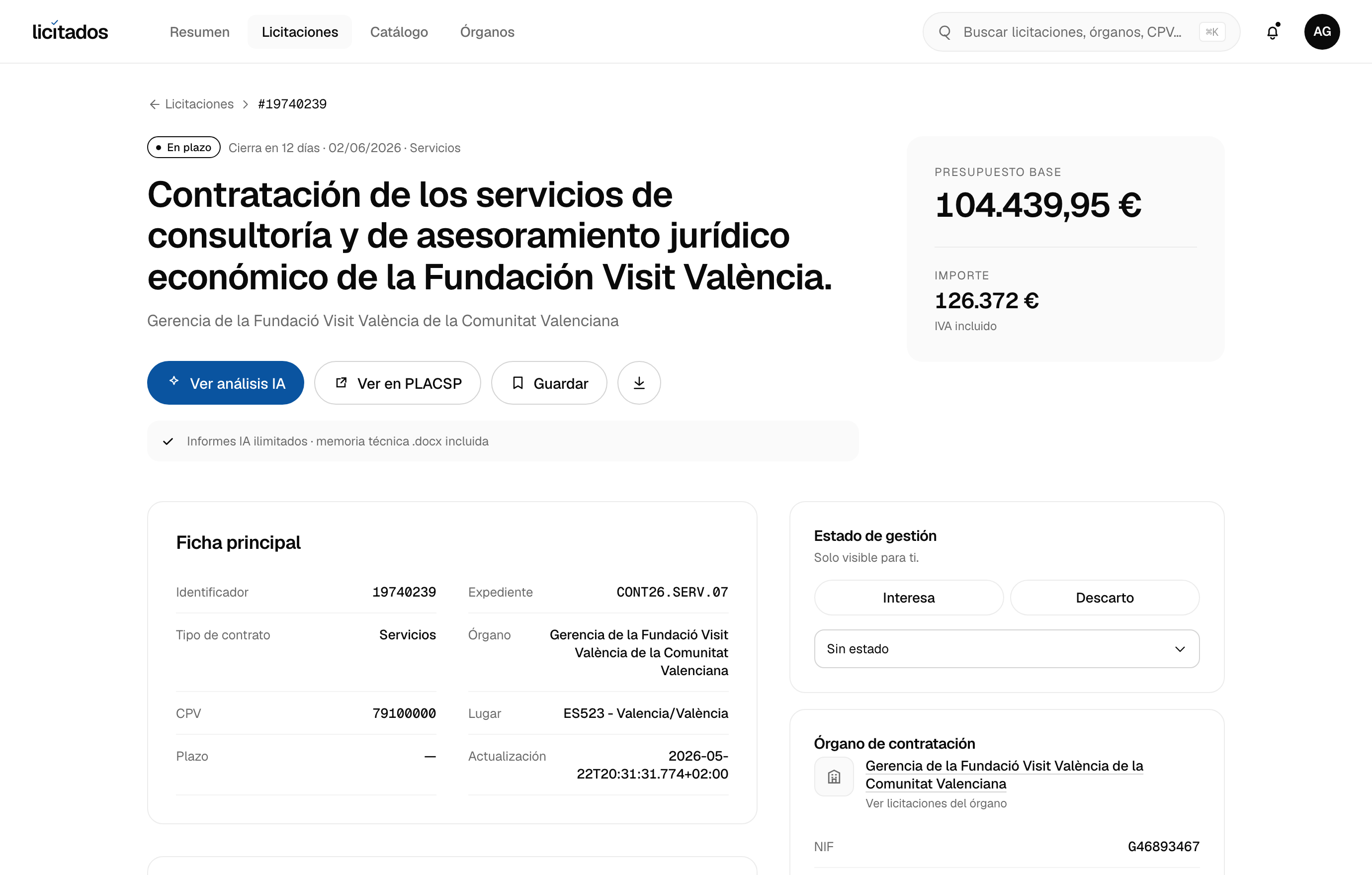 Detalle de una licitación de Consultoría y servicios profesionales