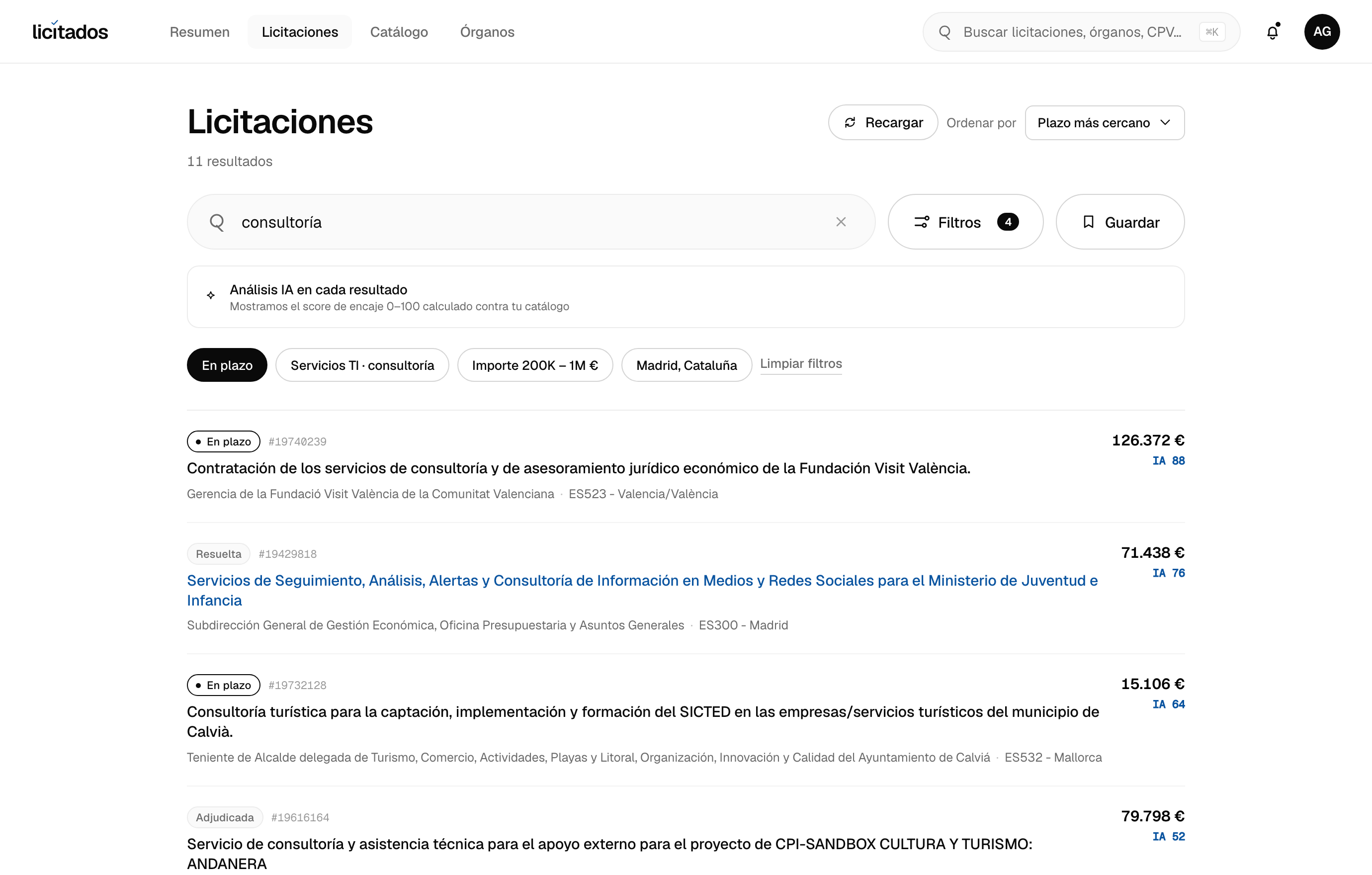 Listado de licitaciones de Consultoría y servicios profesionales con score IA