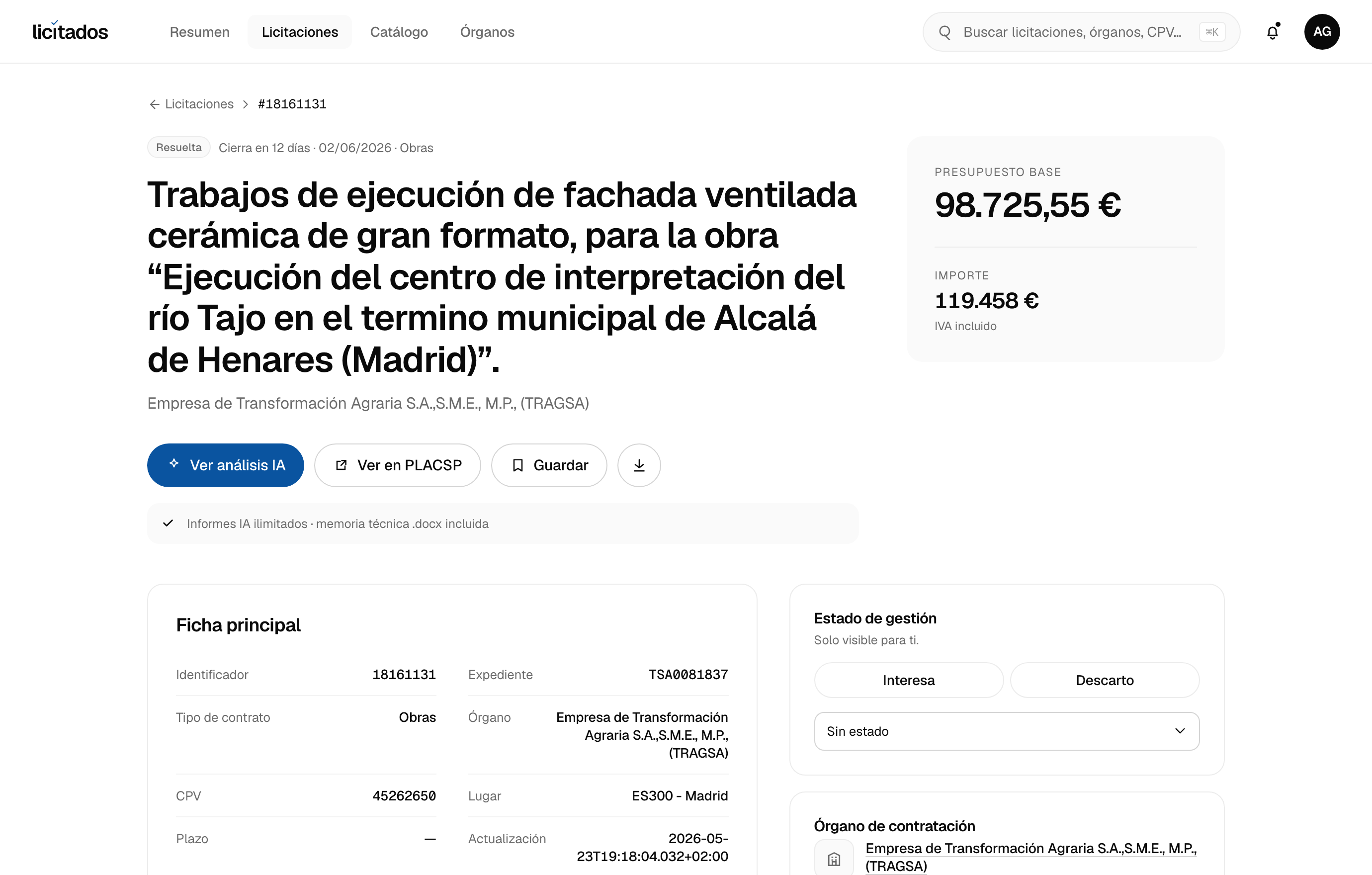 Detalle de una licitación de Formación y educación