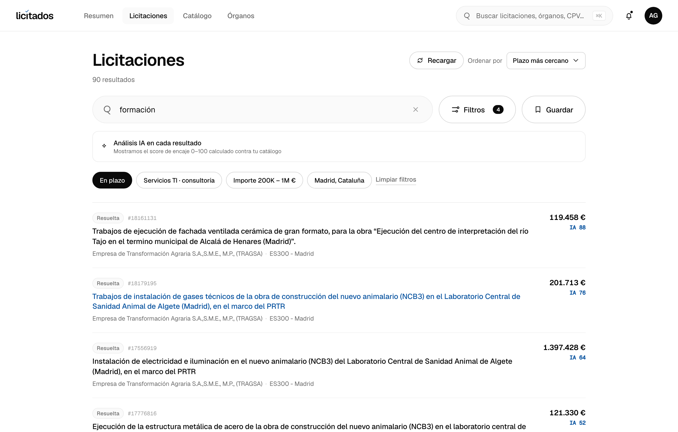 Listado de licitaciones de Formación y educación con score IA