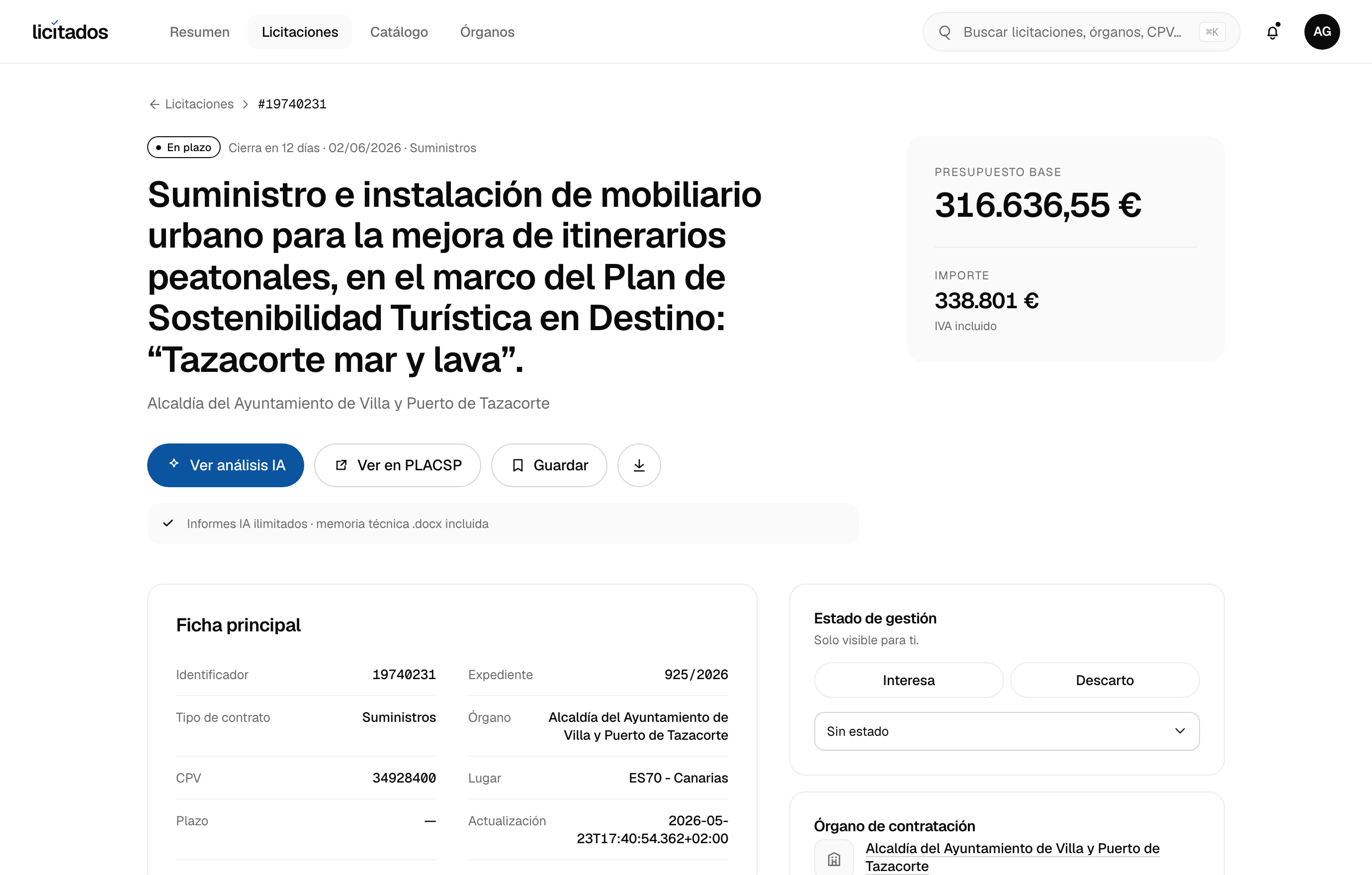 Detalle de una licitación de Industria y suministros
