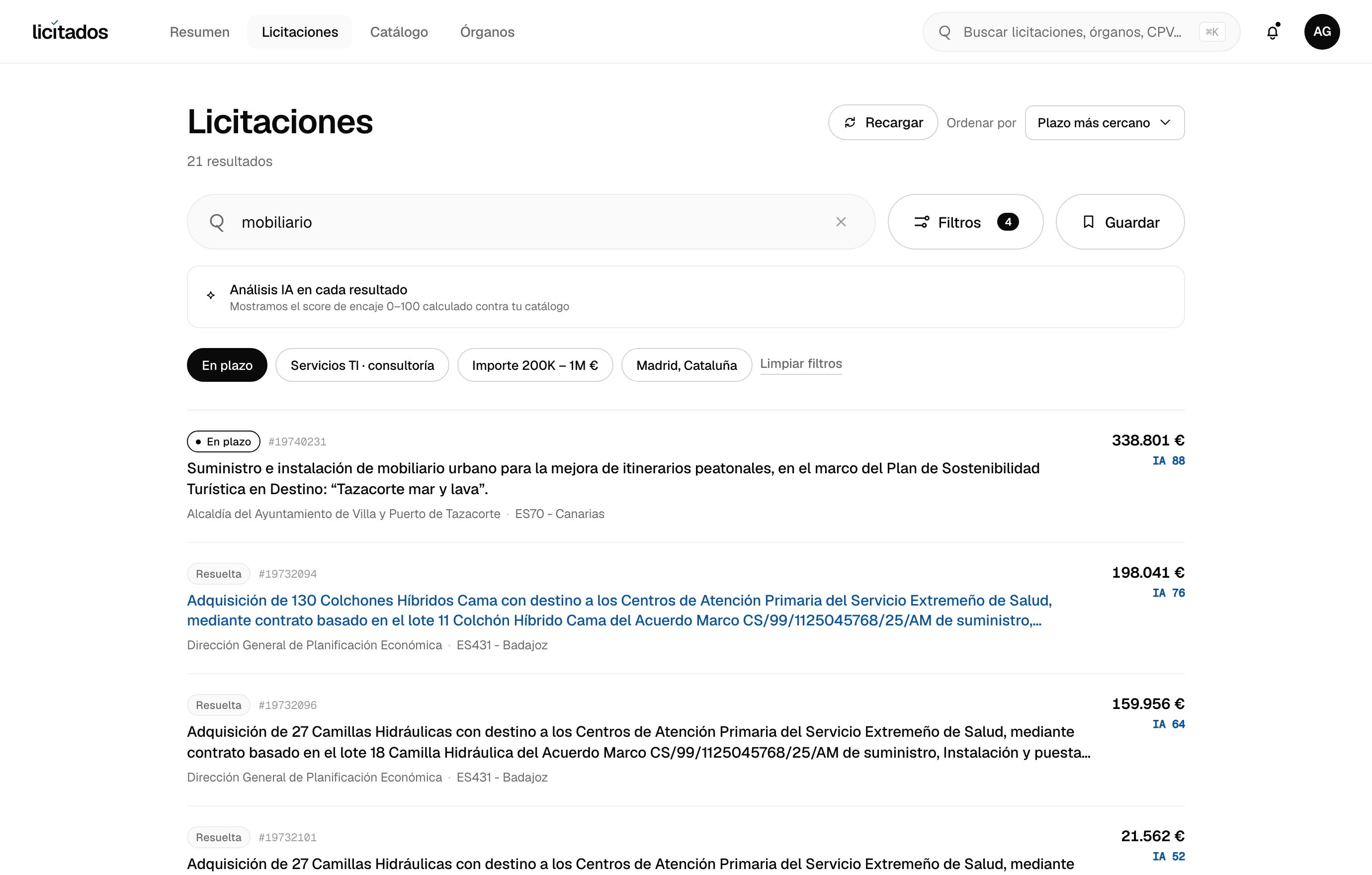 Listado de licitaciones de Industria y suministros con score IA
