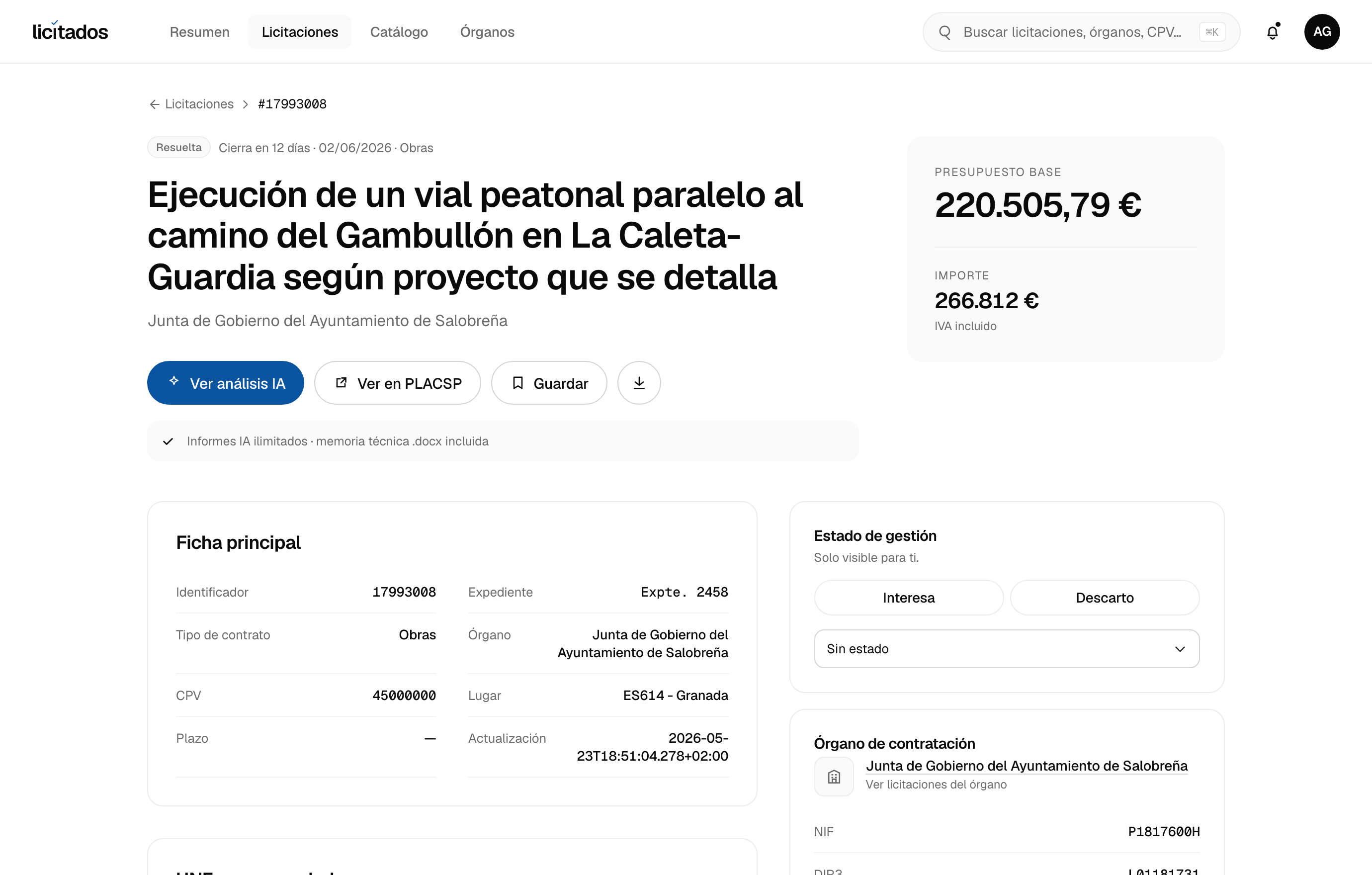 Detalle de una licitación de Arquitectura e ingeniería