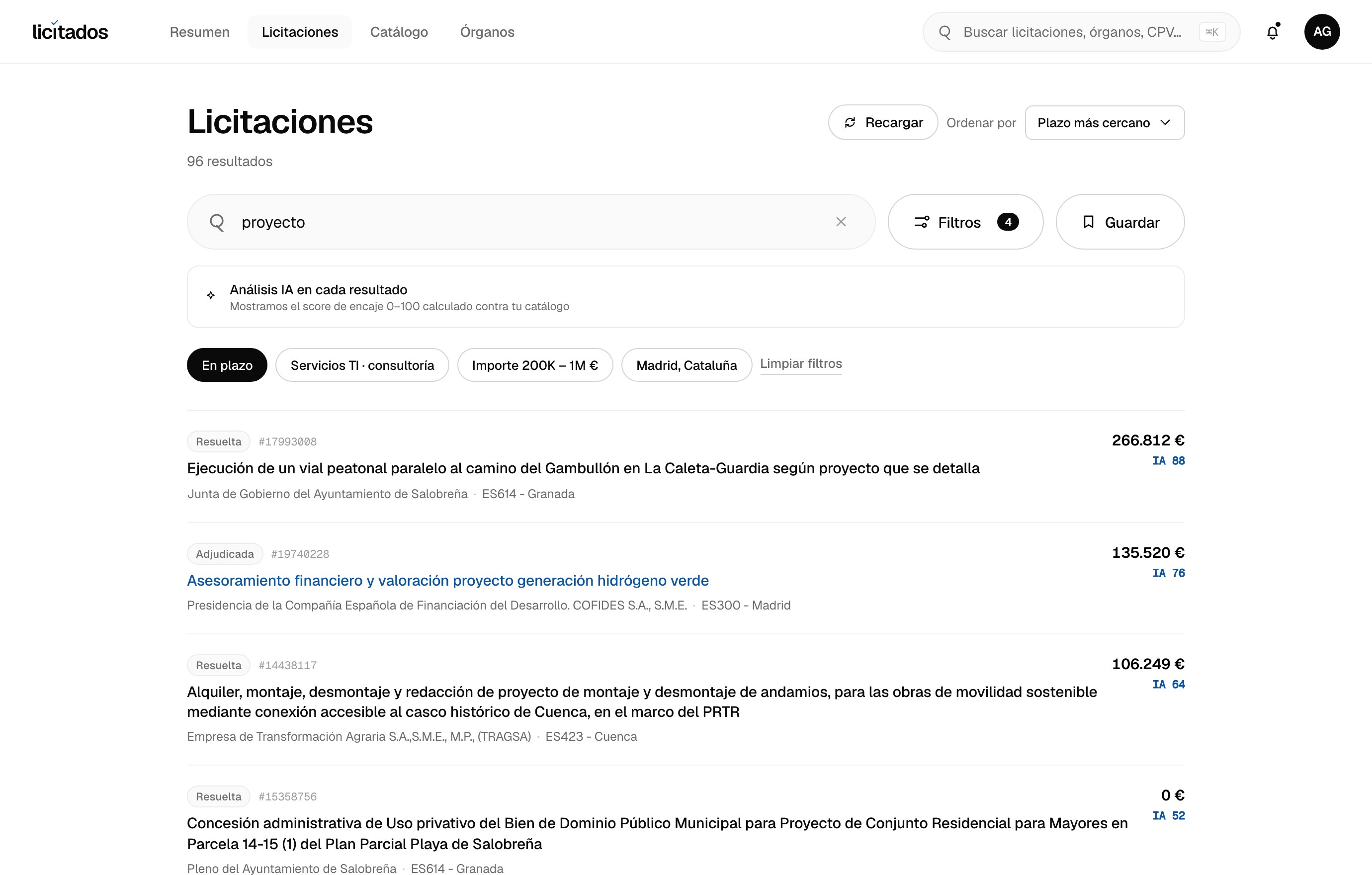 Listado de licitaciones de Arquitectura e ingeniería con score IA