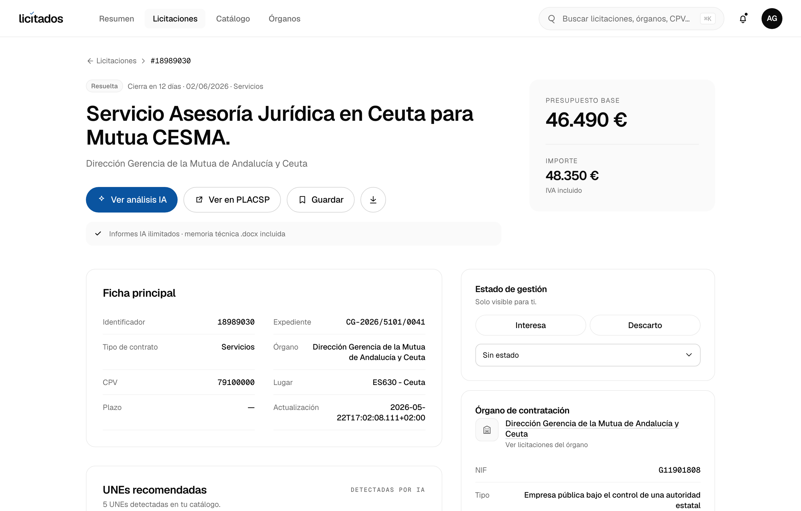Detalle de una licitación de Servicios jurídicos