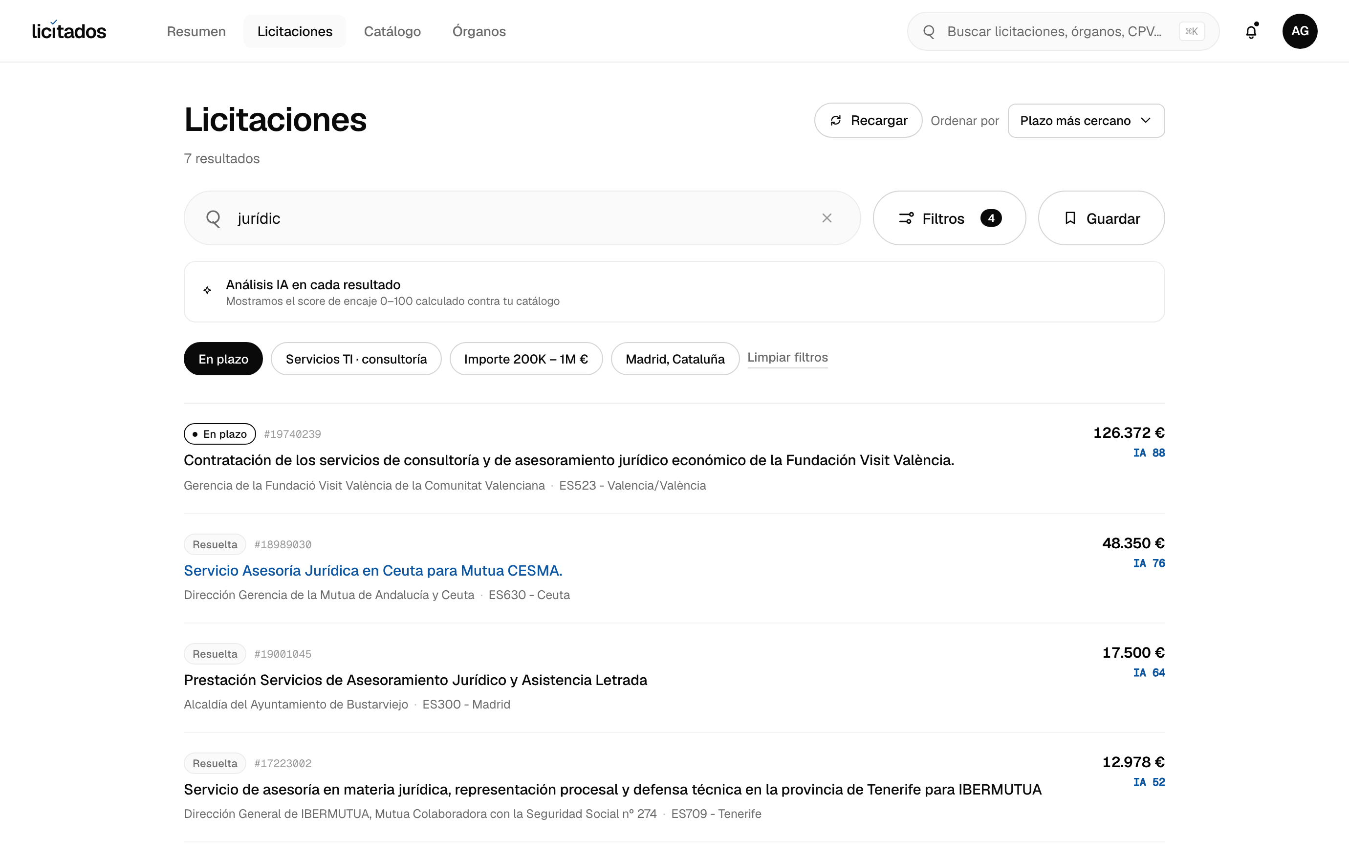 Listado de licitaciones de Servicios jurídicos con score IA