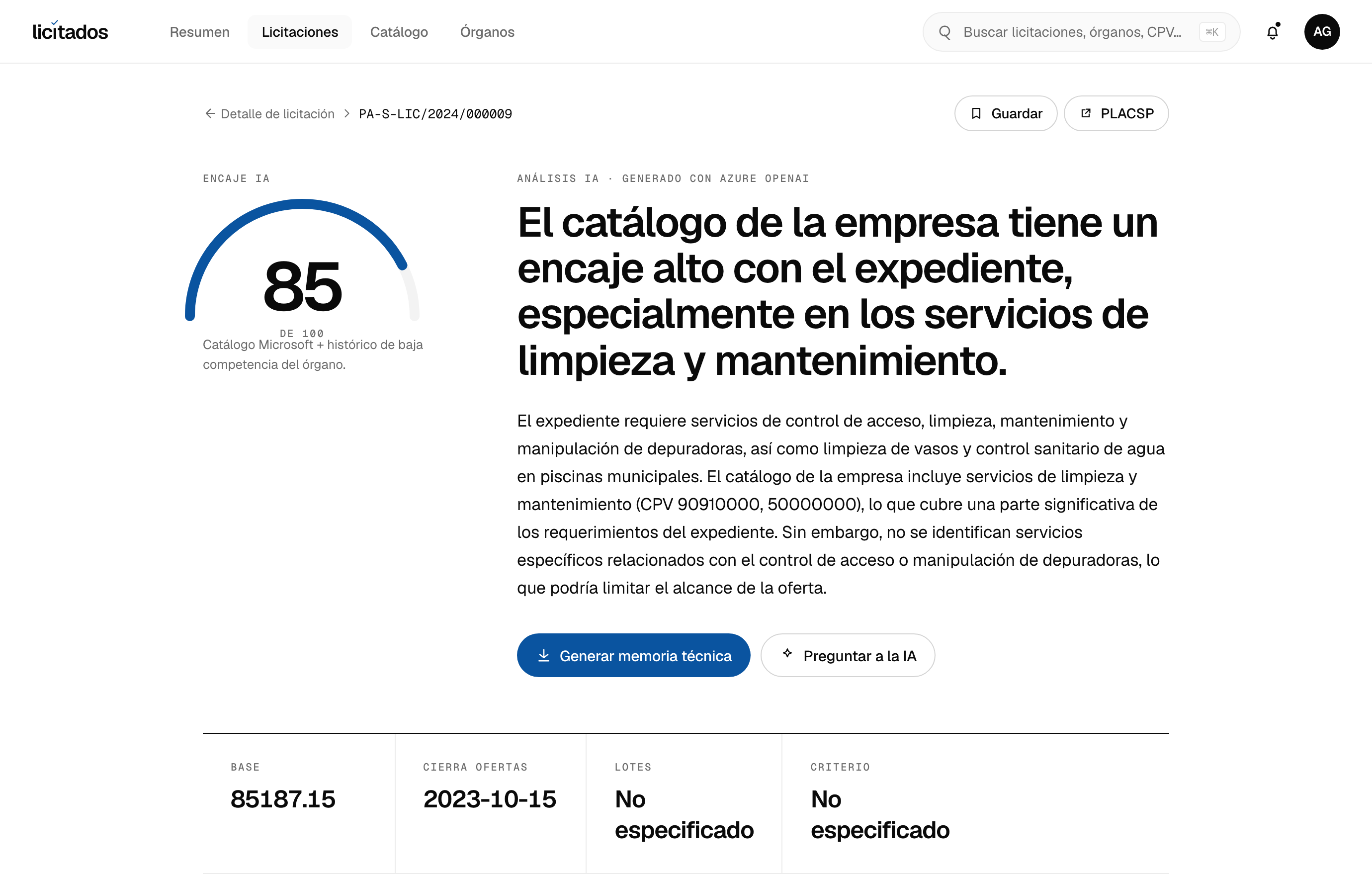 Análisis IA de una licitación de Sanidad y equipamiento médico