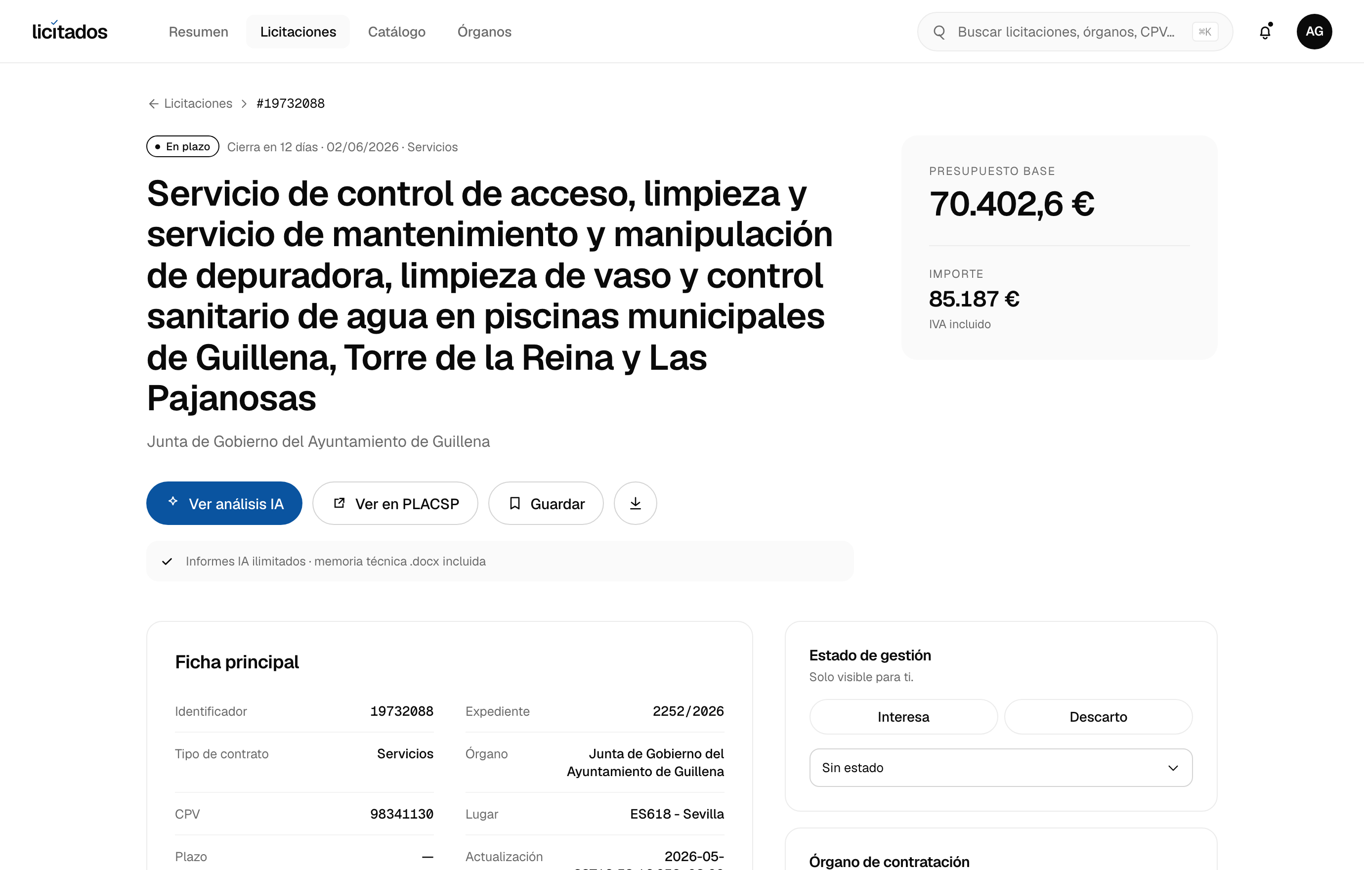 Detalle de una licitación de Sanidad y equipamiento médico