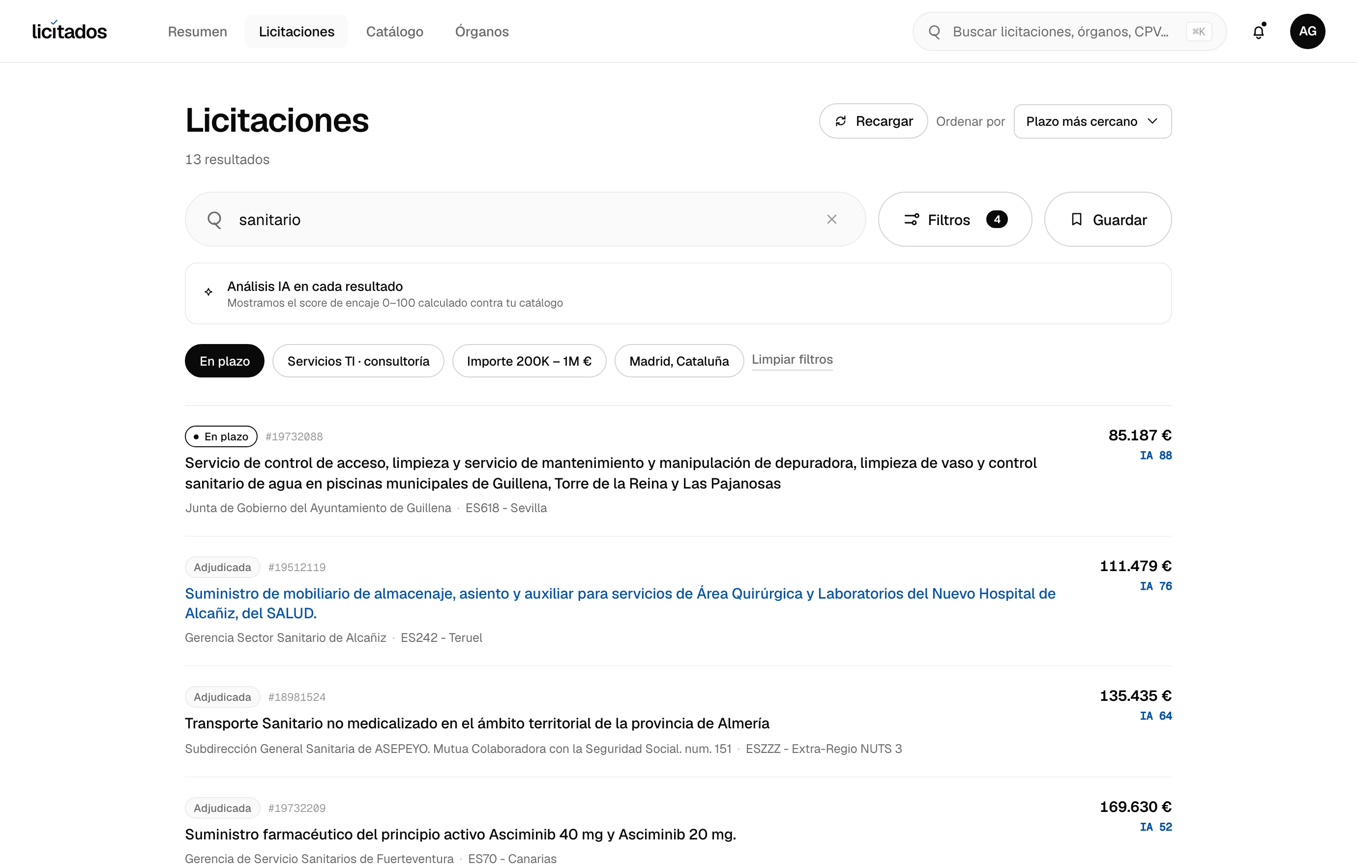 Listado de licitaciones de Sanidad y equipamiento médico con score IA