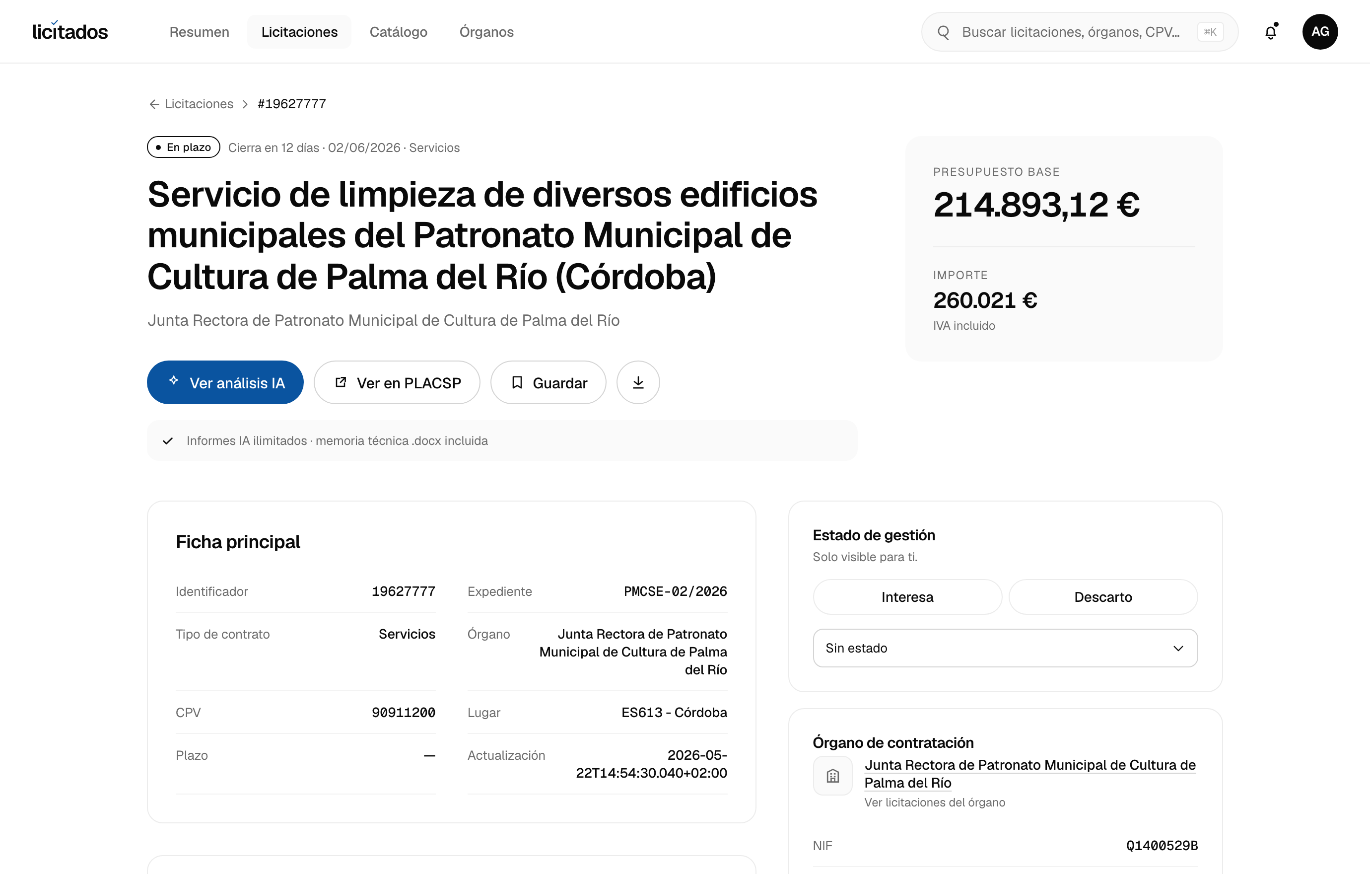 Detalle de una licitación de Limpieza, mantenimiento y seguridad