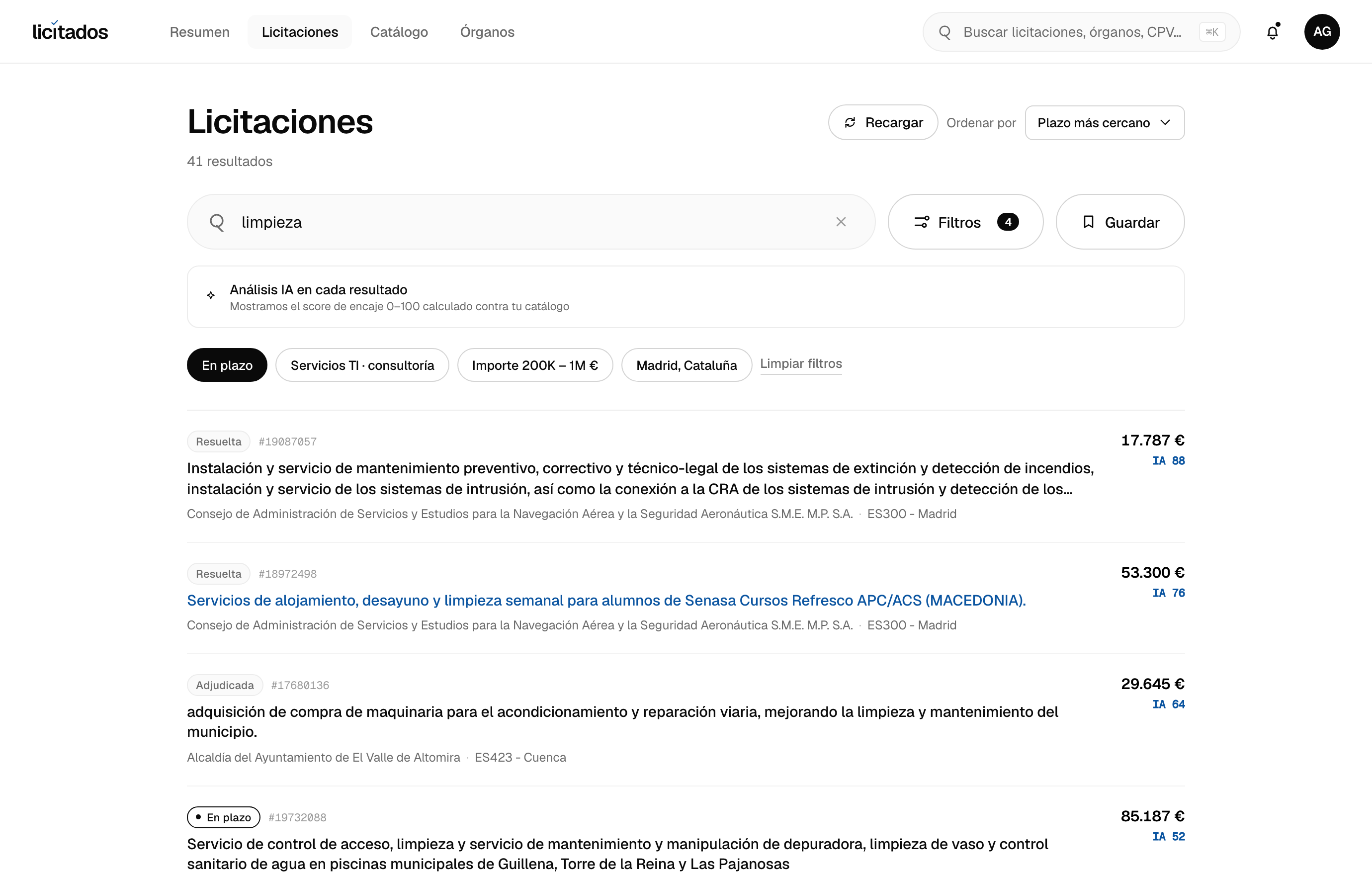 Listado de licitaciones de Limpieza, mantenimiento y seguridad con score IA