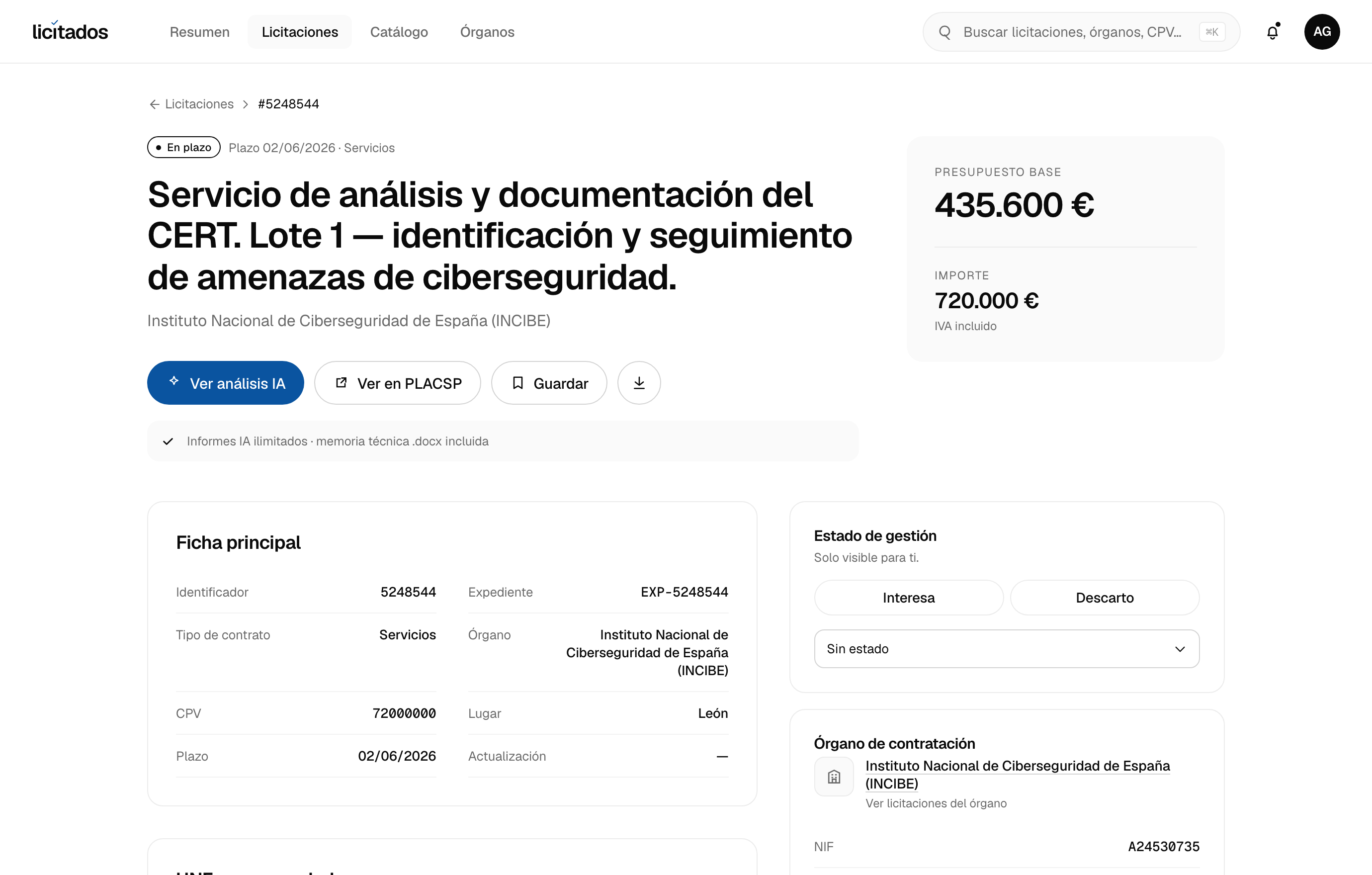 Detalle de una licitación de Tecnología y software