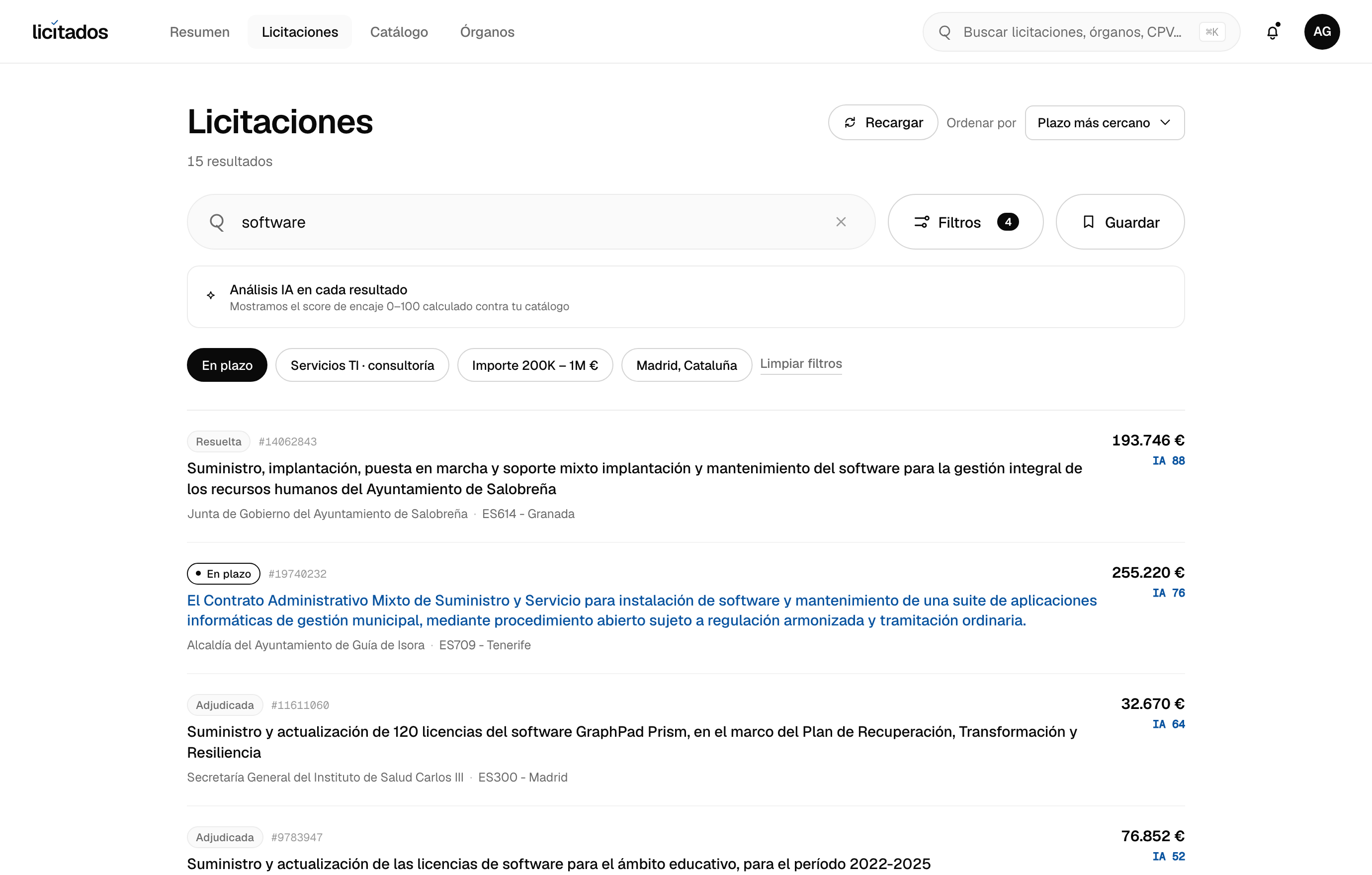 Listado de licitaciones de Tecnología y software con score IA