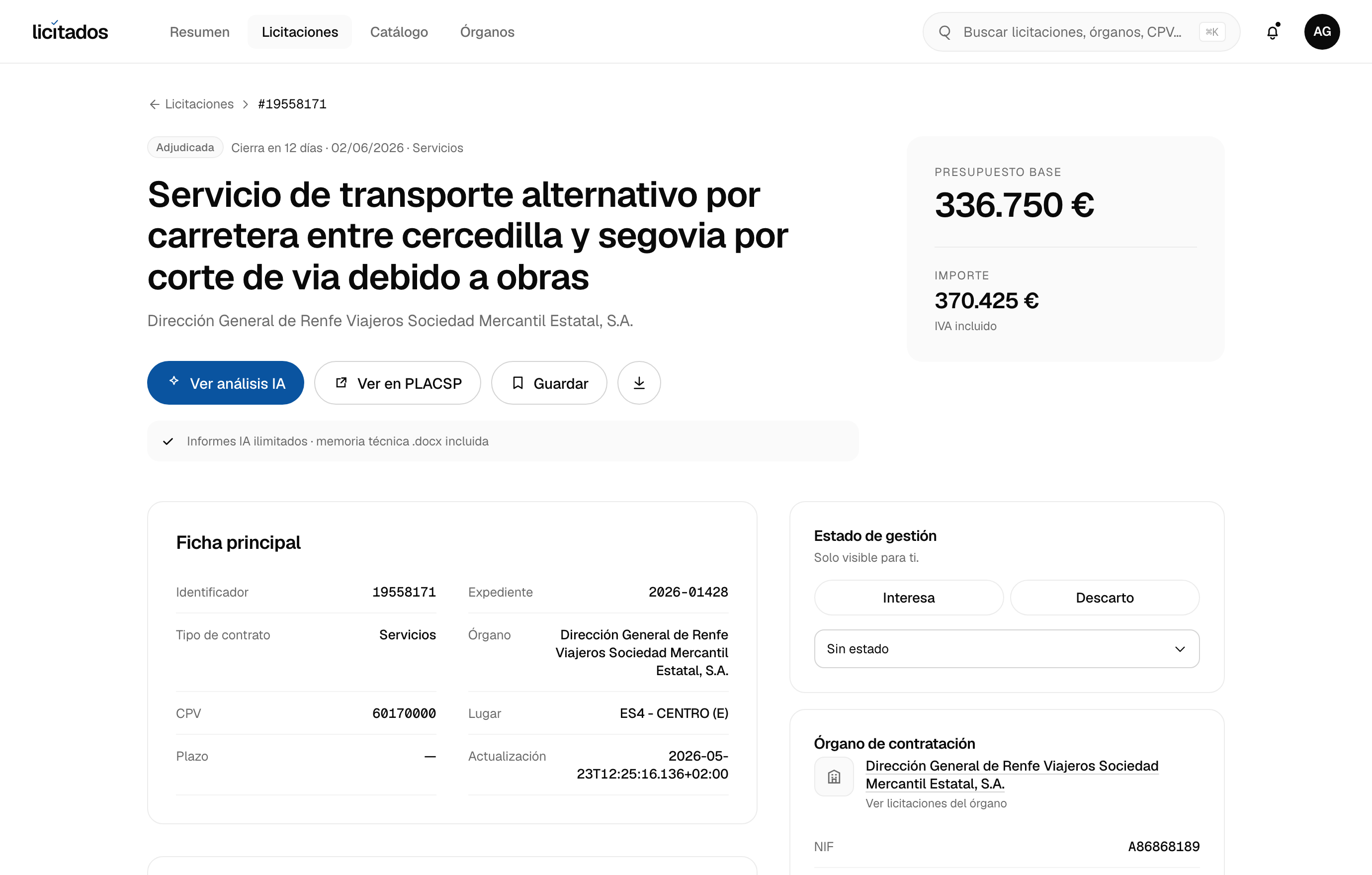 Detalle de una licitación de Transporte y logística