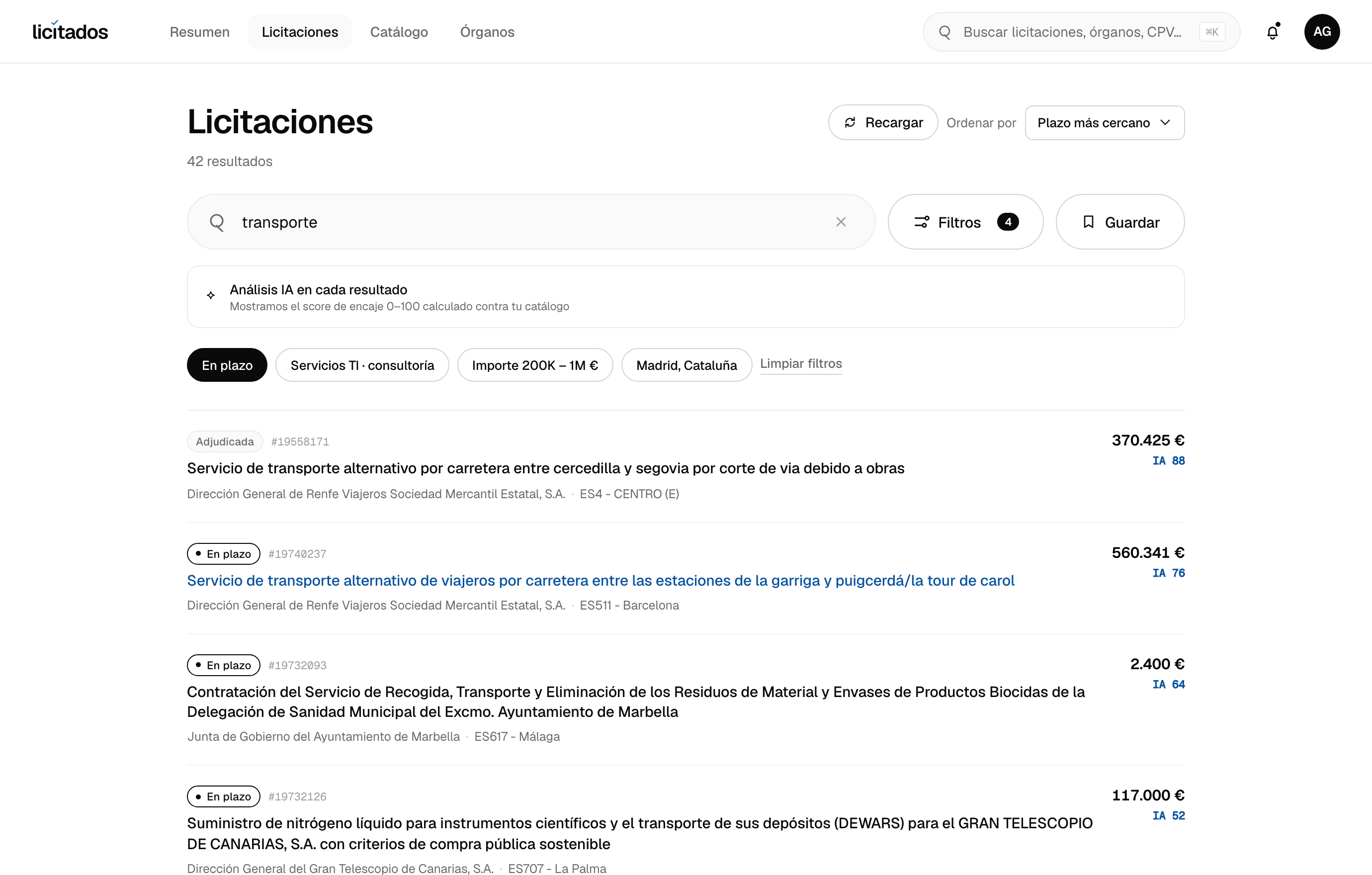 Listado de licitaciones de Transporte y logística con score IA
